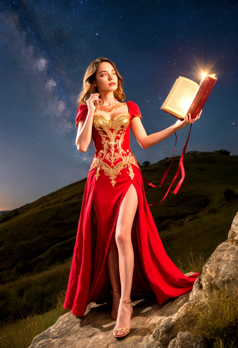 A woman in a love themed red dress with loads of intricate gold love embroidery, carrying a tome, on a hill top, two astrological sign light up brightly in the skies with the connective lines
