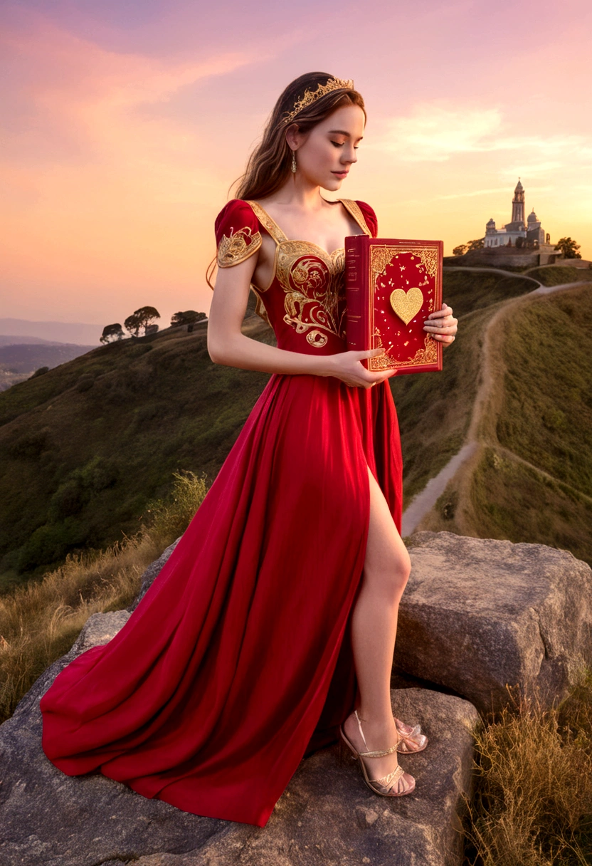 A woman in a love themed red dress with loads of intricate gold love embroidery, carrying a tome, on a hill top, two astrological sign light up brightly in the skies with the connective lines