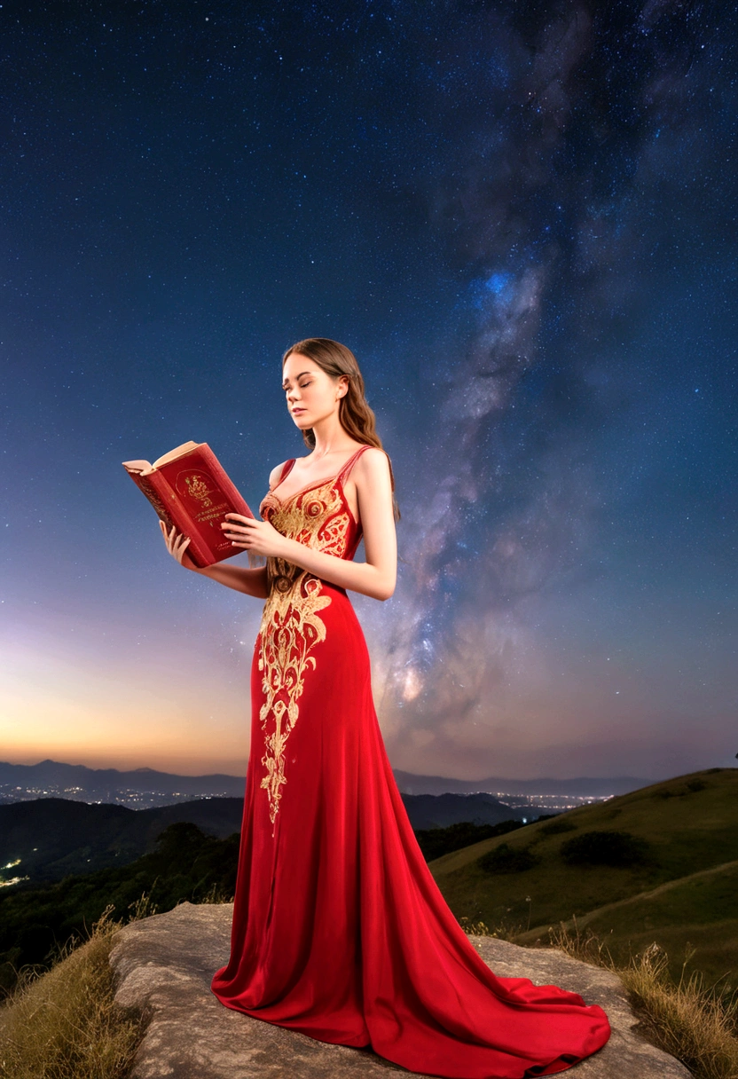 A woman in a love themed red dress with loads of intricate gold love embroidery, carrying a tome, on a hill top, two astrological sign light up brightly in the skies with the connective lines
