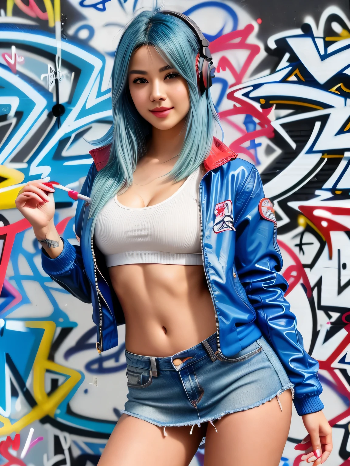 (blue hair:1.4), short hair, realistic green eyes, cobalt hair, long bob hair, tousled hair, shoulder length hair, Full body, woman with white skin and Asian features, 24 year old, big breast. She has a small, elegant nose with a slight upward curve at the tip. Her lips are full and naturally pink, with a well-defined Cupid's bow. Her teeth are straight and white, enhancing her captivating smile. Her face has an oval shape with high cheekbones that add to her model-like appearance. (crack), detailed (texture!, shine, color!!, flaws: 1.1), highly detailed glowing eyes, (looking at camera), specular light, dslr, extreme quality, crystal clear, cute face, detailed skin pores, oil Dark skin, brown, complex eye details, she is far from the camera, A full-body portrait, captured from a distance. Dynamic Frame Best Quality, Realistic, full body Realism, beautiful hairstyle, 8K, (masterpiece, best quality:1.4), (beautiful, aesthetic, perfect, delicate, intricate:1.2), (cute, adorable), (depth of field:1.2), colorful, vivid colors, perfect female form, perfect face, narrow waists, soft smile, (a sexy woman), White tank top, Jeans Miniskirt, Blue Mini Skirt, Sexy Heels, stockings, (red plastic jacket:1.2), (hands in pokets), looking at viewer, cleavage, (graffiti wall:1.4), (headphone), (standing, cowboy shot), (short hair:1.2)