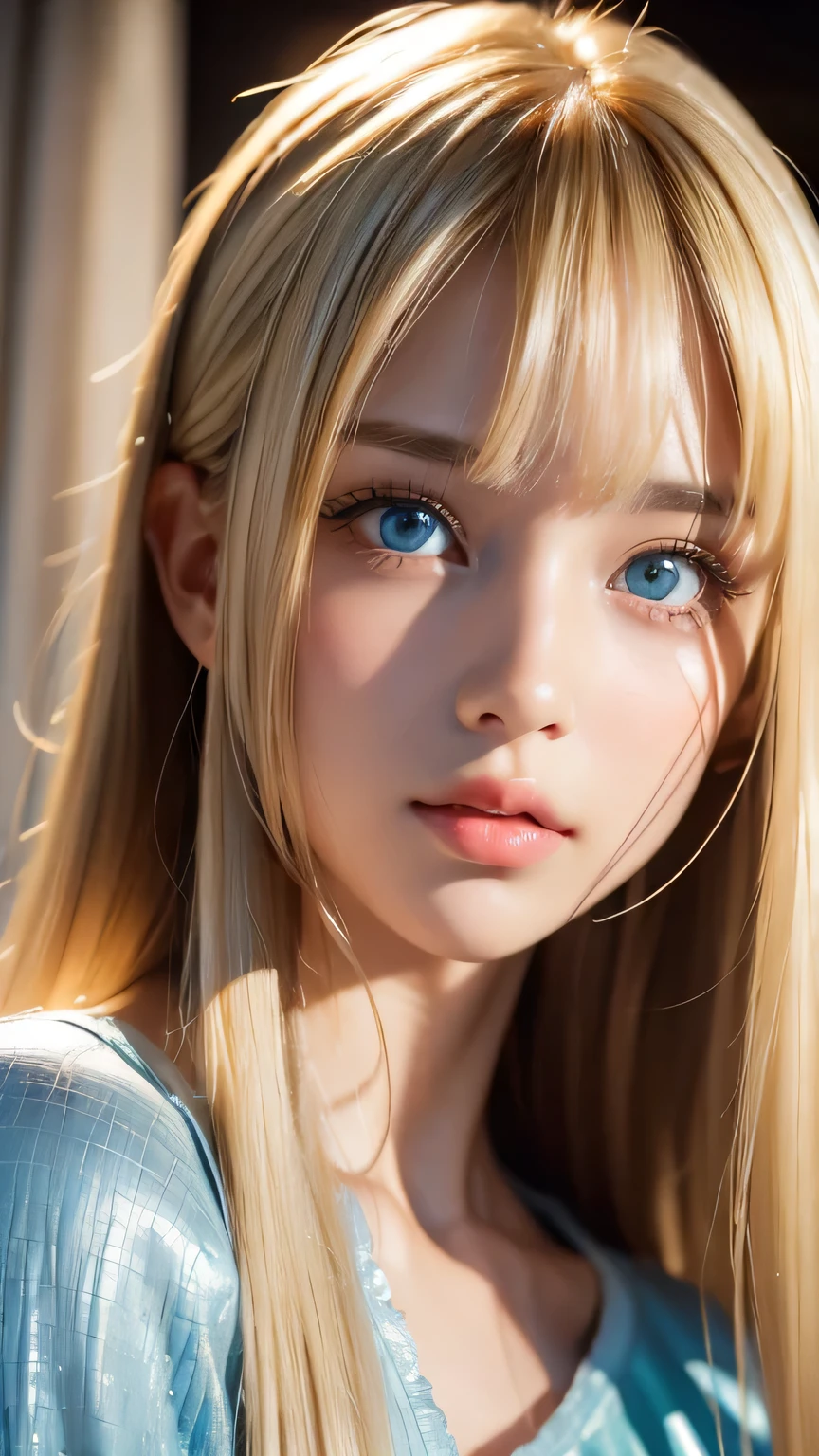 Dressed、(Photorealistic:1.4)、(ハイパーRealistic:1.4)、(Realistic:1.3)、(Smooth lighting:1.05)、(Improved cinematic lighting quality:0.9)、32k、1 Girl、A beautiful woman、Very cute expression、A beautiful 15 year old blonde girl、bangs that fall on the face、Bangs left over the eyeessy bangs between the eyes and nose、Realistic top lighting、Backlight、Face Light、Super long silky platinum hair、Blonde rays、(Bright light:1.2)、(quality improvement:1.4)、(Highest quality realistic textured skin:1.4)、Very beautiful, detailed, shiny, very bright, mint blue, large eyes、Very big eyes、Detailed face、A careful eye for quality、(Tired, sleepy and satisfied: 0.0)、Face close up、T-Shirts、(Enhances the body line:1.1)、(Enhances the beauty of skin texture:1.1)、Cheek gloss highlighter、Small Face Beauty、Round face