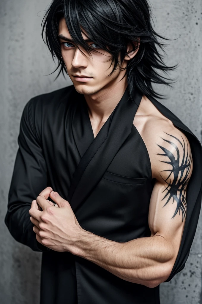 Can you create an anime boy who has long black messy hair that covers his face?. It also highlights some bandages and scars and blue eyes., and his body is slim and with an elegant dress suit 
