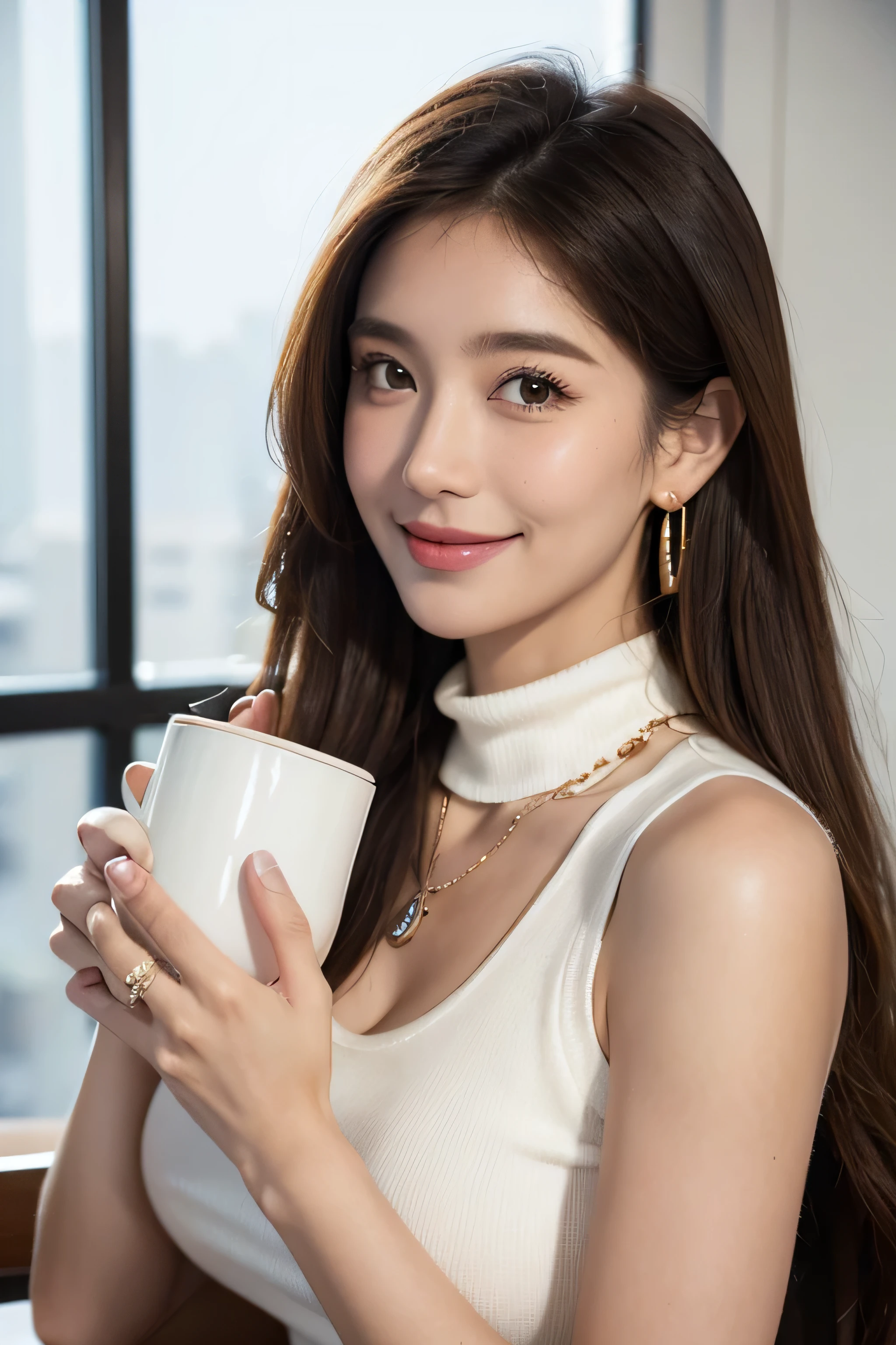 Ultra-high resolution, Better Quality, photo shoot, 4K, (Realistic:1.4) Freckle portrait photography , Big Breasts、Super long brown hair, Brown eyes,(wearing a sleeveless turtleneck white knit dress,A shy smile,Gorgeous Necklace_Big earrings,In a stylish office at night,Place your left hand gently on your chin,In a crowded café at dusk,Holding warm coffee in her hand
