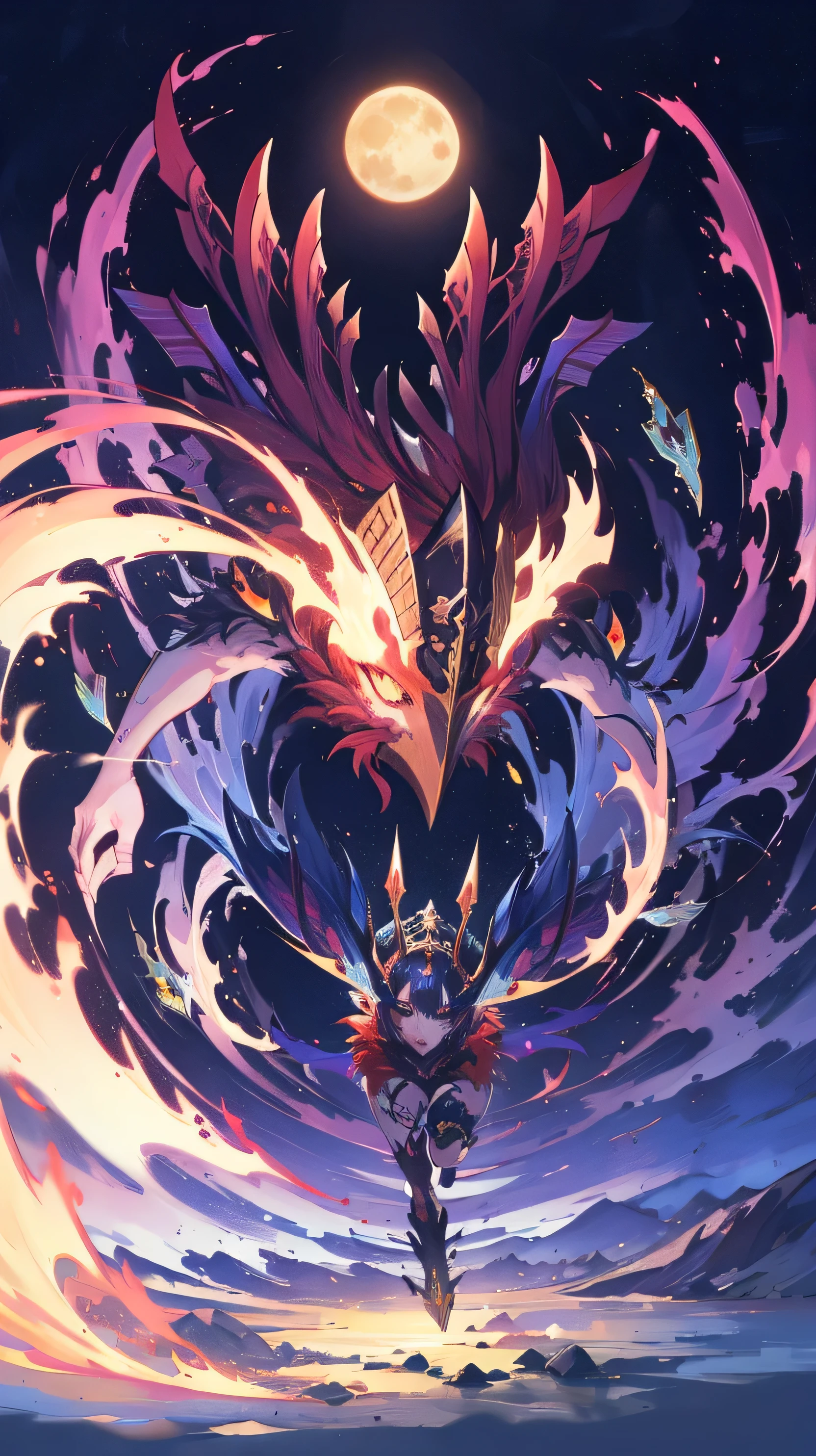 An oriental-style monster image running left and right around the screen., runaway chicken, light coming down vertically from above, Moonlit night
