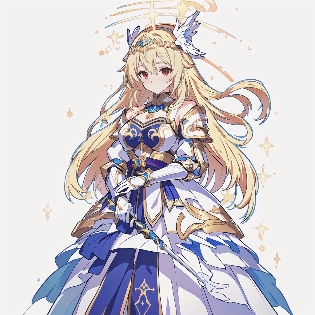 Highest quality, high resolution, High quality game art style, Official Art, whole body, Smooth anime CG art, Cute 3D anime girl render, Visual Novel Sprites, White background,Smooth anime CG art, humanoid woman, JRPG Characters, A woman in a white dress and blue armor holding a spear, Anime Goddess,Opal Armor, White feathered helmet,An intricately designed shield, Exquisite white and gold armor,Golden Hair Anime Girl, Red eyes, long hair, Rin々Shii,Large Bust,,Valkyrie,
