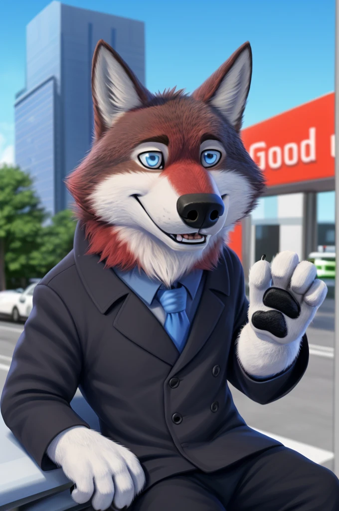 Ivan Wolfbach (сотрудник Аэропорта Domodedovo),high,Beautiful,slim,24 years,wolf, red fur,high Beautiful wolf, 24 years,(red body:1,3),beautiful blue eyes,Domodedovo, Russia, Аэропорт Domodedovo,gray shirt, tie, black trousers,Dog, wolf, detailed fur, a male, antro, paw pads, finger claws, per viewer, 5 fingers, paws, 5 fingers, day, digital photography, soft focus, Good mood на приеме,sitting in the dentist's office, Photorealism, realistic , Photorealism, digital style, from close walks around the city, Very close to the camera, digital photography, positive smile, Good, mood, green tie, dental treatment in hospital, they don&#39;t see well, pilot patch, 4 yellow stripes on sleeves, 
masterpiece, Best quality, ultra realistic, 8 k)
