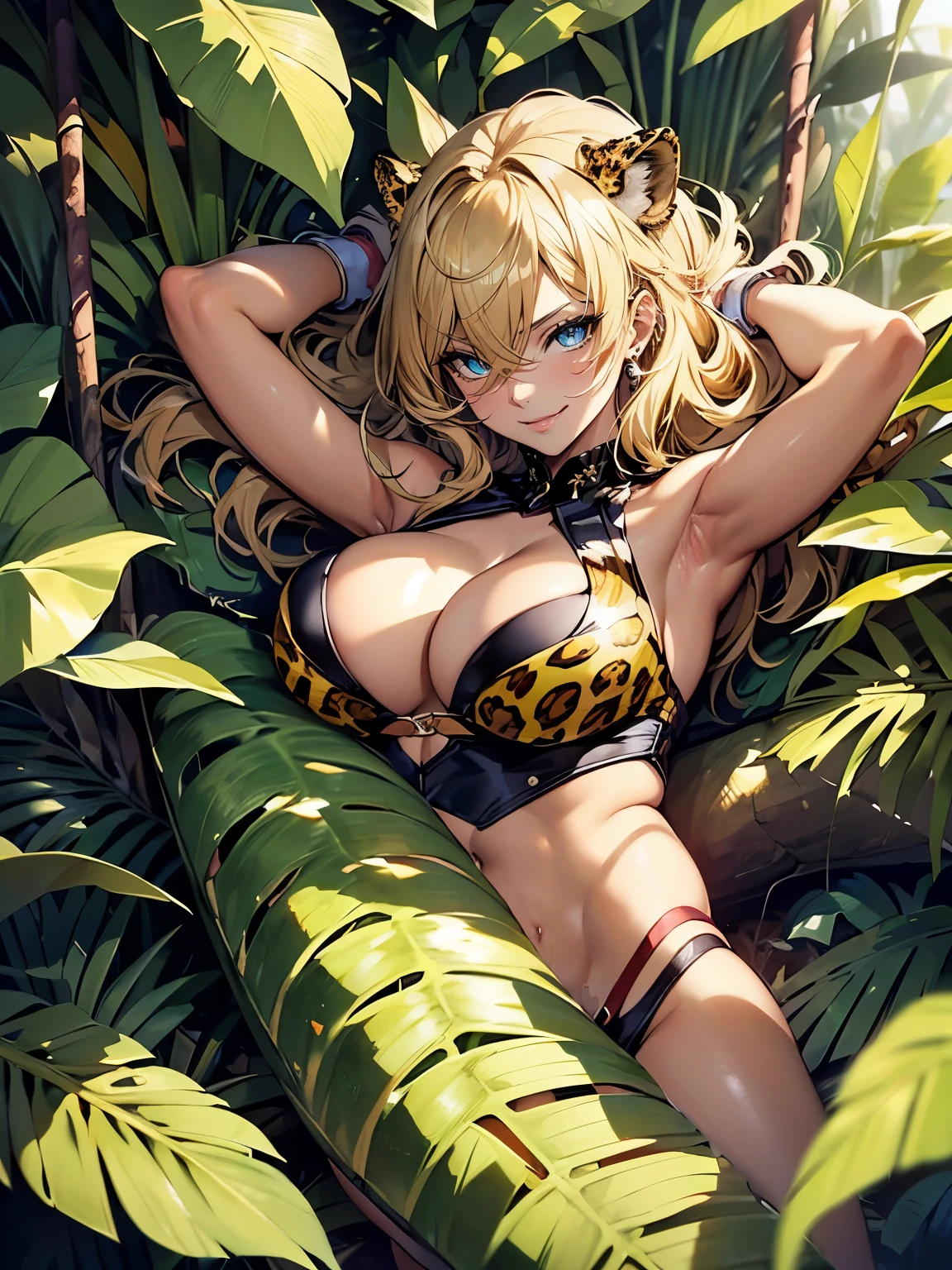 ((Seductive Anime lady:1.3, solo:1.5))、((fusion of leopard and lady:1.4))、((Lie on your back:1.4))、((full body:1.2))、((yellow color, bikini:1.2))、((wedgie))、((dark skin))、blonde hair、((Raise your arms to show your armpits))、((from above:1.2))、((Being in jungle:1.3))、erect nipples、((crop top navel:1.2))、((cleavage))、((Slender))、((sleeveless:1.2))、((collarbone))、((Glossy realistic skin texture))、((shiny skin))、masterpiece, ultra-detailliert, 8k, hiquality, Top image quality, Smooth texture、watercolor