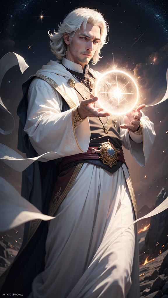 astrologer, Shining white, A handsome man, he casting a spell with astorlogical signs surrounds him. Cinematic photo