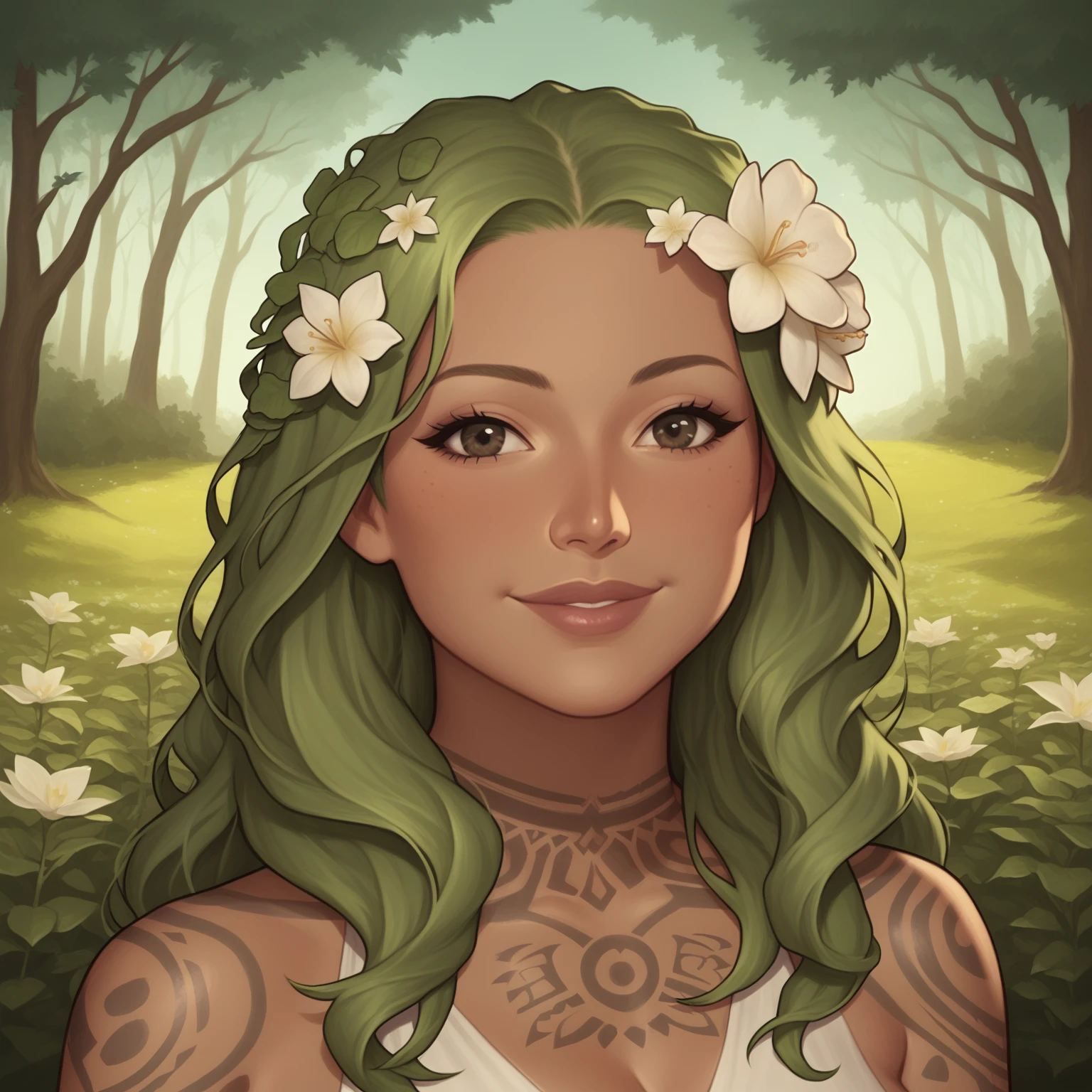 (((beautiful, high quality, perfect eyes, comics style, semi-realistic, detailed face))), upper body, score_9, score_8_up, score_7_up, solo, 1 woman, very tall, 35 years old, MILF, asian, pacific islander, flat nose, dark tan, dark skin, plant woman, round face, perfect round dark eyes, (wood nymph), in clothes made of plants, sexy body, thicc body, sexy face, tattoos in neck and arm, long green hair, flowers on hair, wavy hair, proud, smile, outdoor, fantasy background, snowy, boreal forest, easynegative, JIM EIDOMODE, Dungeons and Dragons 5th edition style illustration,
