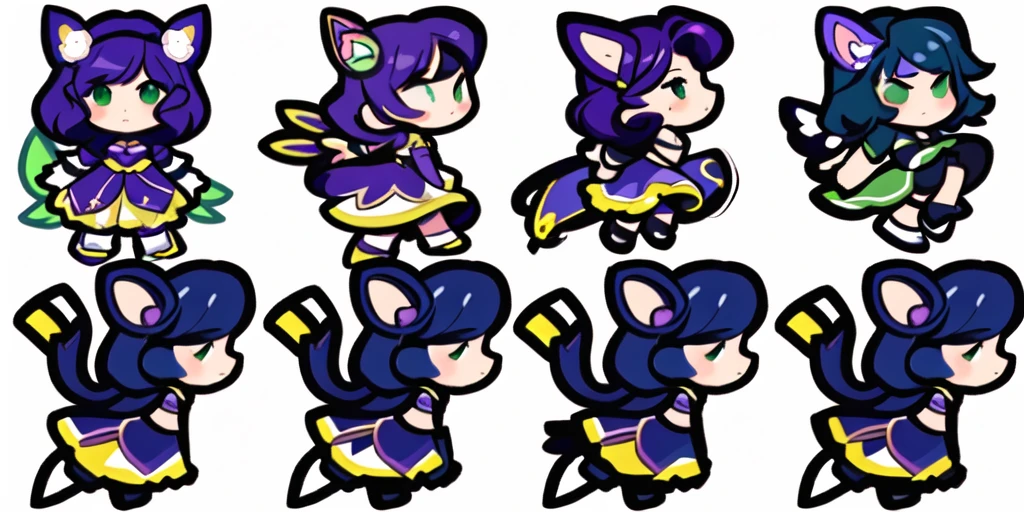 a close up of a cartoon character with different poses, spritesheet, sprite sheet, with familiar sprites, sprites, fairy girl, morgana, default pose neutral expression, twirling, sprite 2 d, shady, green fairy, smol,  multiple poses, cute chibi, kawaii