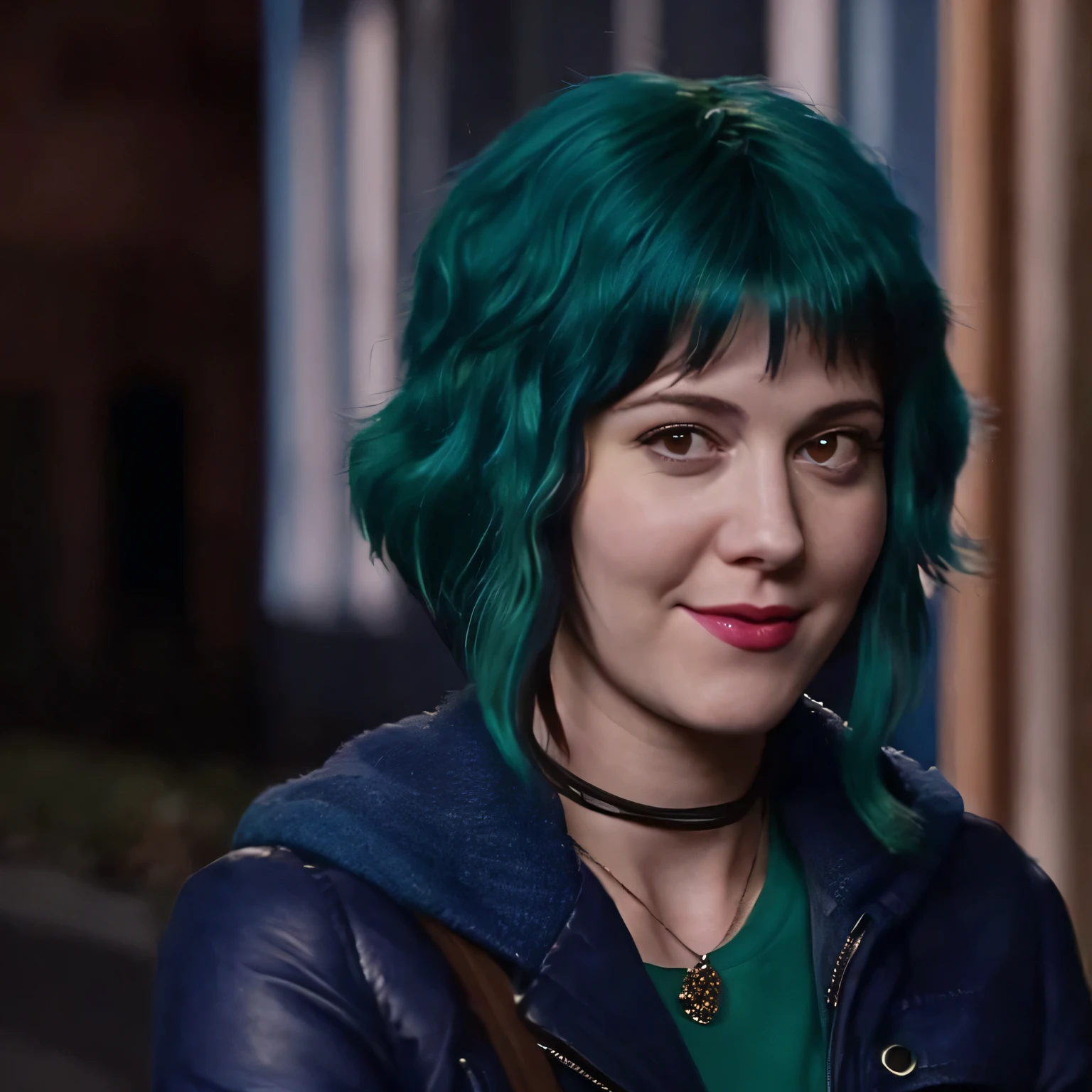 a picture of (ohwx woman:1.1), blue short bob hair,realistic, photorealistic, detailed skin, surface scattering, bokeh, skin pores, Toronto city,wearing a jacket,outdoors, looking at viewer,detailed face,subtle smile, Ramona flowers  hair,with Green hair , age 25, smiling, high quality image, young girl 