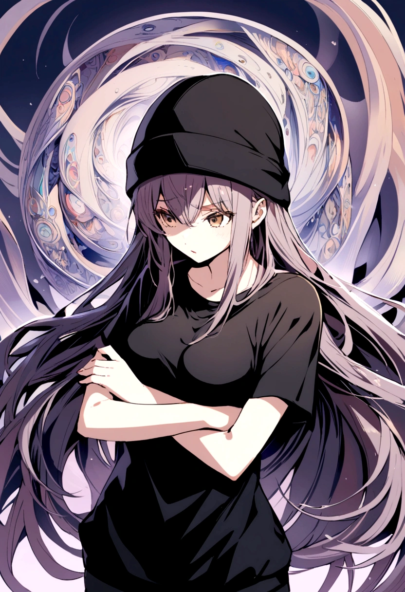a woman with brown eyes, lilac and  long hair, wearing a black beanie, black t-shirt, and crossing her arms 