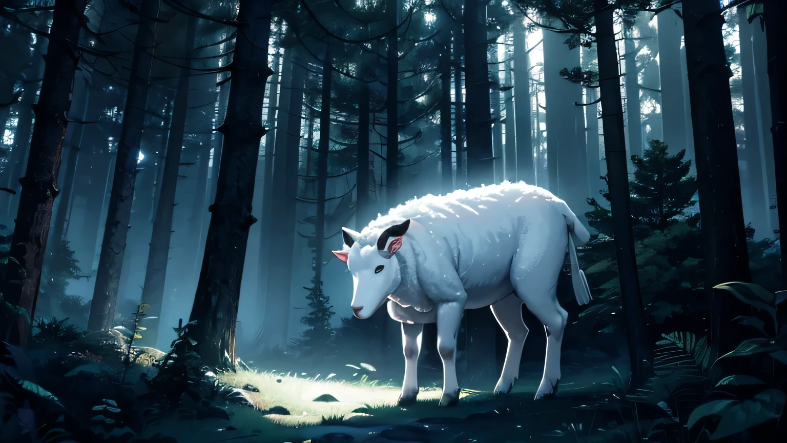 WHITE SHEEP In a dark and mysterious DENSE forest at night, changing lighting, hyper-realistic, cinematic lighting, lost in the forest