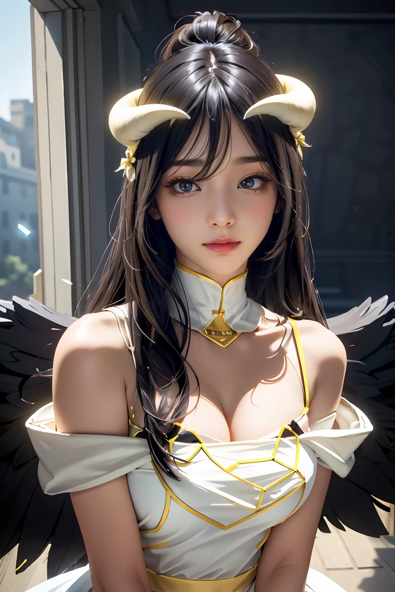 Masterpiece, Best quality, Ultra-detailed, illustration, epic lighting, Cinematic composition, isometry,(hexagons:1.2), 1girll, Horns, Solo, Yellow eyes, Black hair, Long hair, (Low wing:1.2), Large cleavage, Bare shoulders, hair between eye, Medium breasts, (White dress:1.1), Golden decoration, Detached collar, view the viewer, Semi-closed Eyes, (view the viewer:1.1), parted lip, Blush, Black feathers fall, Arena, particle fx, (8K:1.1)