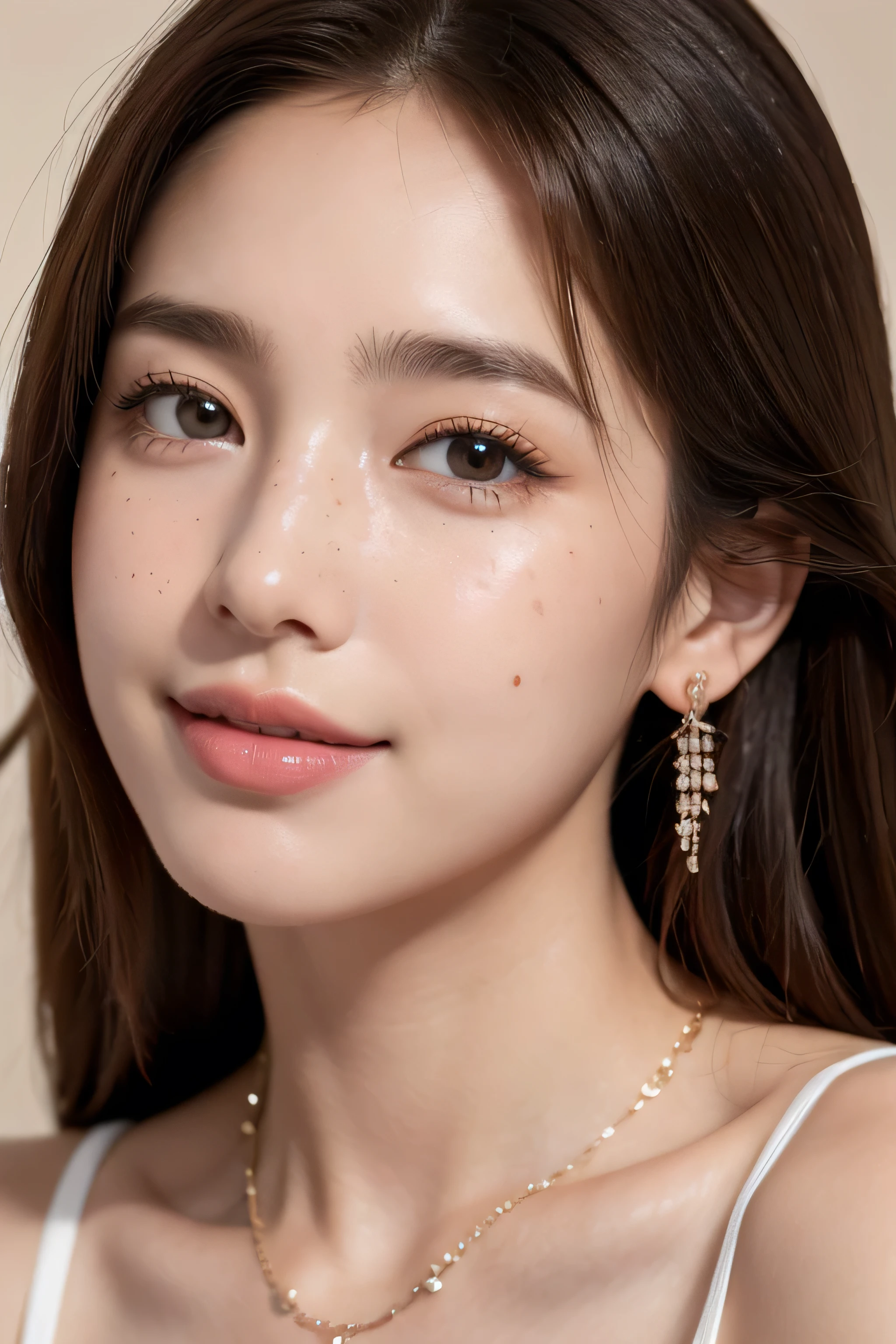 Ultra-high resolution, Better Quality, photo shoot, 4K, (Realistic:1.4) Freckle portrait photography , Big Breasts、Super long brown hair, Brown eyes,A shy smile,Gorgeous Necklace＿Big earrings,