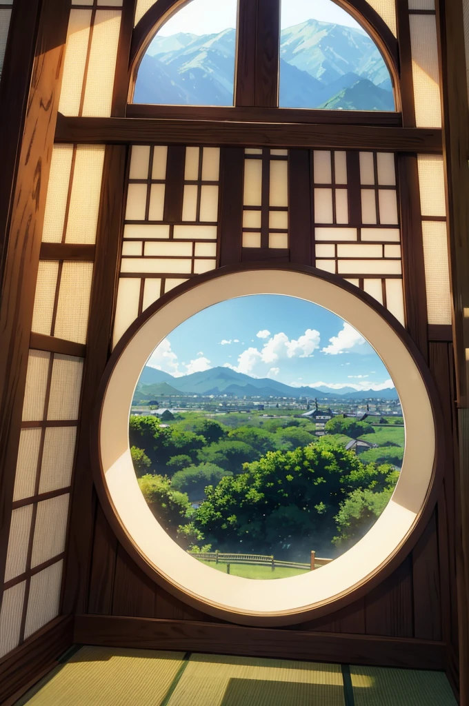 Japanese circle window with a landscape