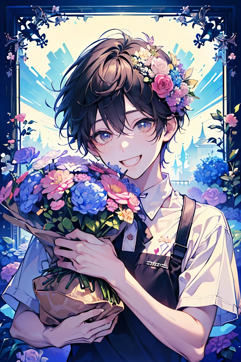 ,(boy,Men's,male:1.35),((cute,kawaii)),((Florist:1.1)),((T-shirt and work clothes:1.15)),((wonderland:1.2)),((Open mouth and big smile:1.1)),(A fancy and bustling world:1.3),(Holding a flower basket full of flowers:1.2),((upper body:1.2)).