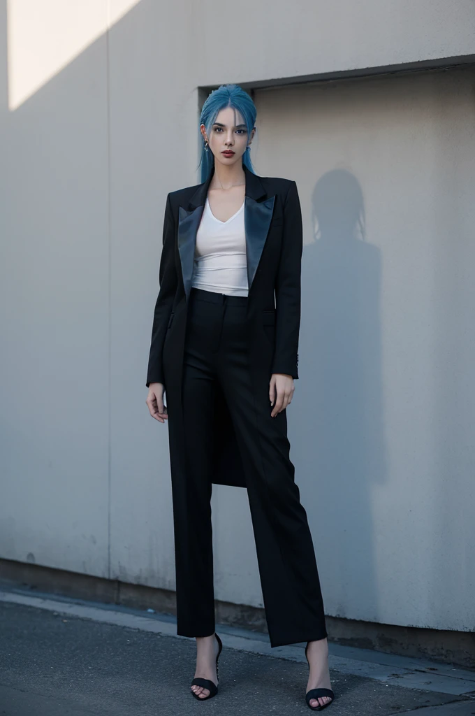 Male about 170cm tall,Blue Hair,Tall and slim body type,Asymmetrical white shirt,Black asymmetrical design pants,Oversized black blazer,Gold earrings,Black leather low heels,Black bag,Stand in the street,Dress in style,Exudes a confident and mysterious atmosphere,with a slightly scary impression,as if shrouded in shadow。