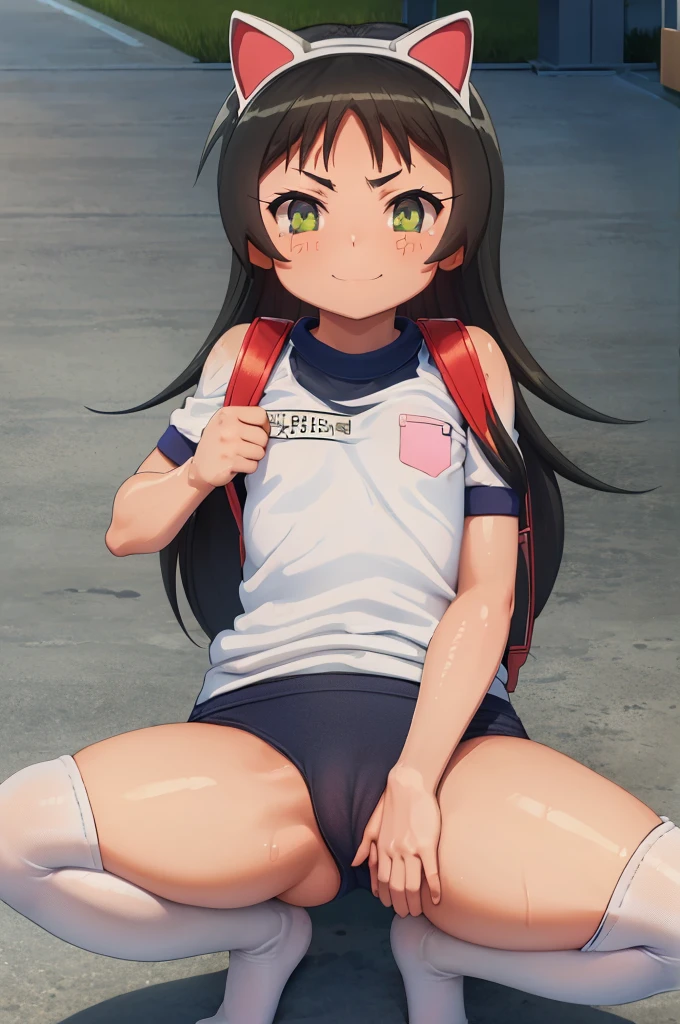 masterpiece, ultra quality, ultra sharp, ultra detailed, 1girl, solo, (((good anatomy))), haduki kurumi, (tattered torn dripping wet white gym shirt), navy gym pants, animal ears, randoseru, name tag, Japanese anime pose, laugh, BurumaShorts, Buruma, Gym Uniform, (((sitting:1.4, squatting:1.4, spread_legs, legspread, split_legs, spreading legs)), (randoseru backpack:1.4), (((smirk smile))), buruma, blue buruma, black buruma, (cameltoe), (tattered torn short sleeve white gym uniform with colored hem), (tiny nipples), (white long loose socks), strong lighting, legspread, bukkake, cum on clothes, cum on legs, cum on buruma, cum on bloomers,