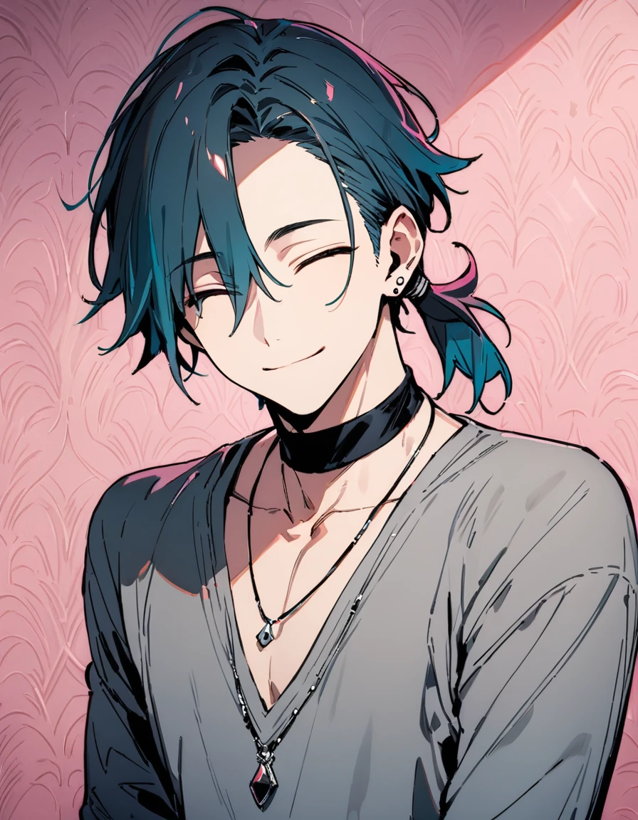 ((((best masterpiece, best quality, wallpaper,)))) solo, guy, male body, small muscles, flat chest, 1male, 30 years old, handsome man, upper body, looking at viewers, beautiful detailed, seductive smile, mediumturquoise hair, ((((Lower short ponytail)))), asymmetrical bangs, ((short hair,)) (((light smile, closed eyes, tareme, droopy eyes,))) (((perfect face,))) perfect hands, sharp nose, clear face, black turtleneck, grey cardigan, ((silver piercing, pendant,)) leggings, pink background color ultrasharp, 8K, masterpiece,