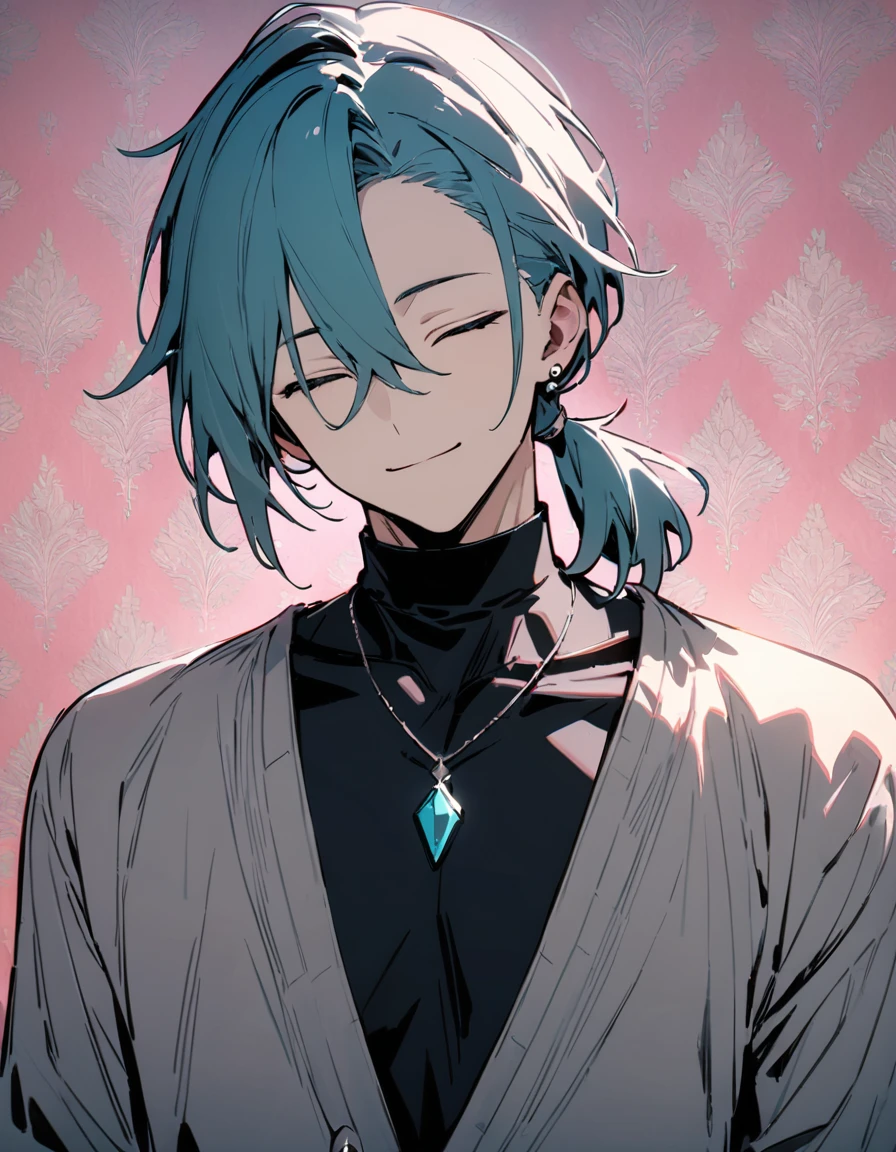 ((((best masterpiece, best quality, wallpaper,)))) solo, guy, male body, small muscles, flat chest, 1male, 30 years old, handsome man, upper body, looking at viewers, beautiful detailed, seductive smile, mediumturquoise hair, ((((Lower short ponytail)))), asymmetrical bangs, ((short hair,)) (((light smile, closed eyes, tareme, droopy eyes,))) (((perfect face,))) perfect hands, sharp nose, clear face, black turtleneck, grey cardigan, ((silver piercing, pendant,)) leggings, pink background color ultrasharp, 8K, masterpiece,