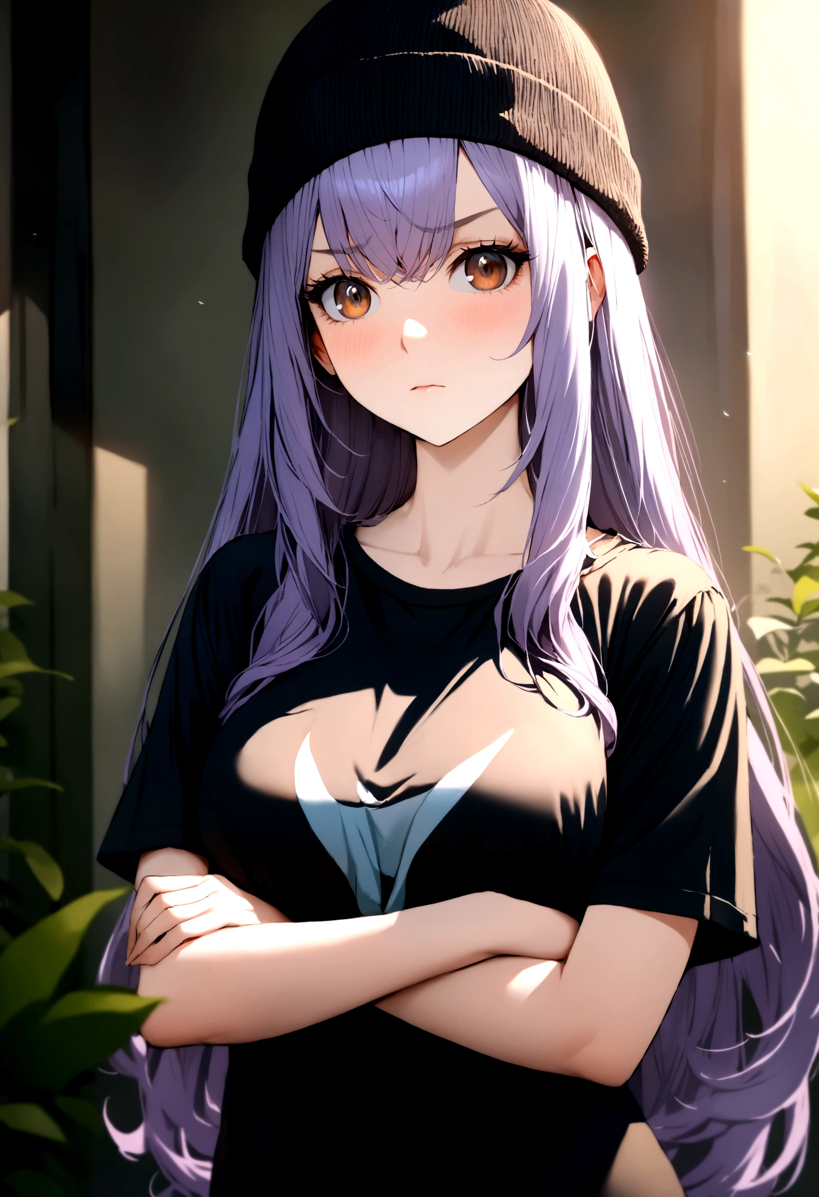 a woman with brown eyes, lilac and long hair, wearing a black beanie, black t-shirt, and crossing her arms