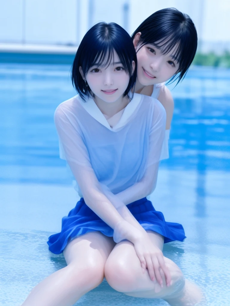 8k, Japanese, middle school girl, solo, age 14 ,Sailor Mercury, A wet and transparent under cosplay, wet skirt, Wet blue short hair, Wet arms,Wet legs,Wet Face, pose, Highest quality, spread legs, wet poolside, smile, nsfw
