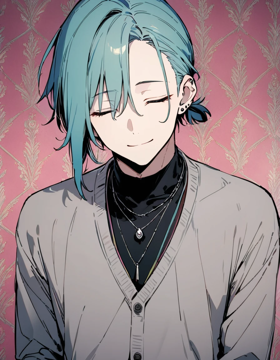 ((((best masterpiece, best quality, wallpaper,)))) solo, guy, male body, small muscles, flat chest, 1male, 30 years old, handsome man, upper body, looking at viewers, beautiful detailed, seductive smile, mediumturquoise hair, ((((Lower short ponytail)))), asymmetrical bangs, ((short hair,)) (((light smile, closed eyes, tareme, droopy eyes,))) (((perfect face,))) perfect hands, sharp nose, clear face, black turtleneck, grey cardigan, ((silver piercing, pendant,)) leggings, pink background color ultrasharp, 8K, masterpiece,