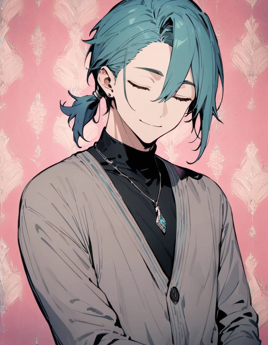 ((((best masterpiece, best quality, wallpaper,)))) solo, guy, male body, small muscles, flat chest, 1male, 30 years old, handsome man, upper body, looking at viewers, beautiful detailed, seductive smile, mediumturquoise hair, ((((Lower short ponytail)))), asymmetrical bangs, ((short hair,)) (((light smile, closed eyes, tareme, droopy eyes,))) (((perfect face,))) perfect hands, sharp nose, clear face, black turtleneck, grey cardigan, ((silver piercing, pendant,)) leggings, pink background color ultrasharp, 8K, masterpiece,