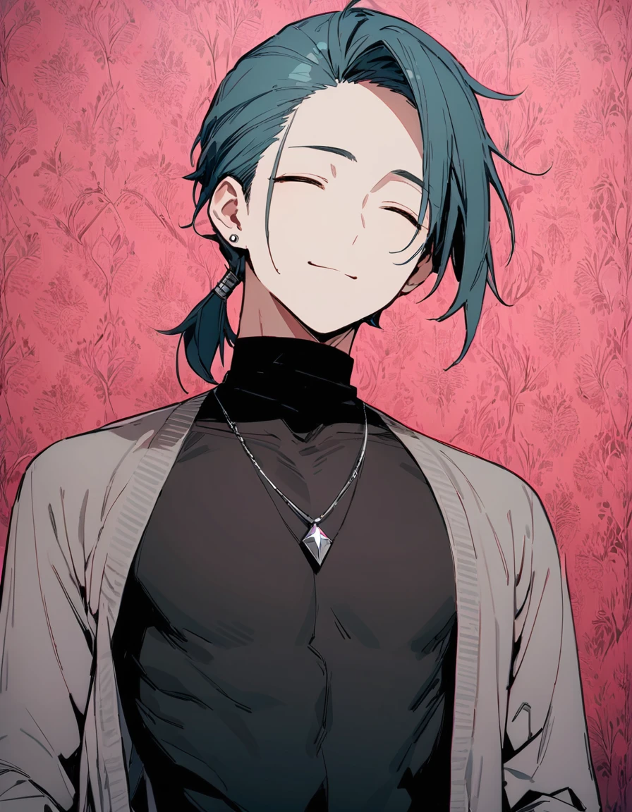 ((((best masterpiece, best quality, wallpaper,)))) solo, guy, male body, small muscles, flat chest, 1male, 30 years old, handsome man, upper body, looking at viewers, beautiful detailed, seductive smile, mediumturquoise hair, ((((Lower short ponytail)))), asymmetrical bangs, ((short hair,)) (((light smile, closed eyes, tareme, droopy eyes,))) (((perfect face,))) perfect hands, sharp nose, clear face, black turtleneck, grey cardigan, ((silver piercing, pendant,)) leggings, pink background color ultrasharp, 8K, masterpiece,