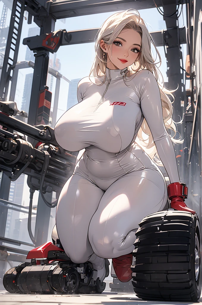 (Masterpiece, masterpiece, extremely detailed and precise).
A woman wearing a tight full-body latex suit. A white latex suit that tightens your body. BDSM. Plump body. Her huge breasts and huge ass are emphasized.
Protruding nipples. Crotch crack. Iron shackles on wrists and ankles. Long silver hair, bright red lips, and an obscene smile.
((Crawling on all fours)), ((machine big dildo rape)).
A lot of machinery lined up in the background. nsfw