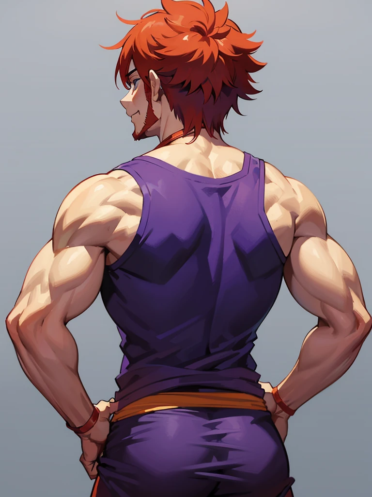 Leon kuwata, anime characters: 1guy, Bara, 1Muscular guy, 1person, 1guy, solo, red hair, white tank top, purple shorts, thighs, yellow beanie, blue eyes, goatee smile, only, back, bending over, back view, ass, gray background, best quality