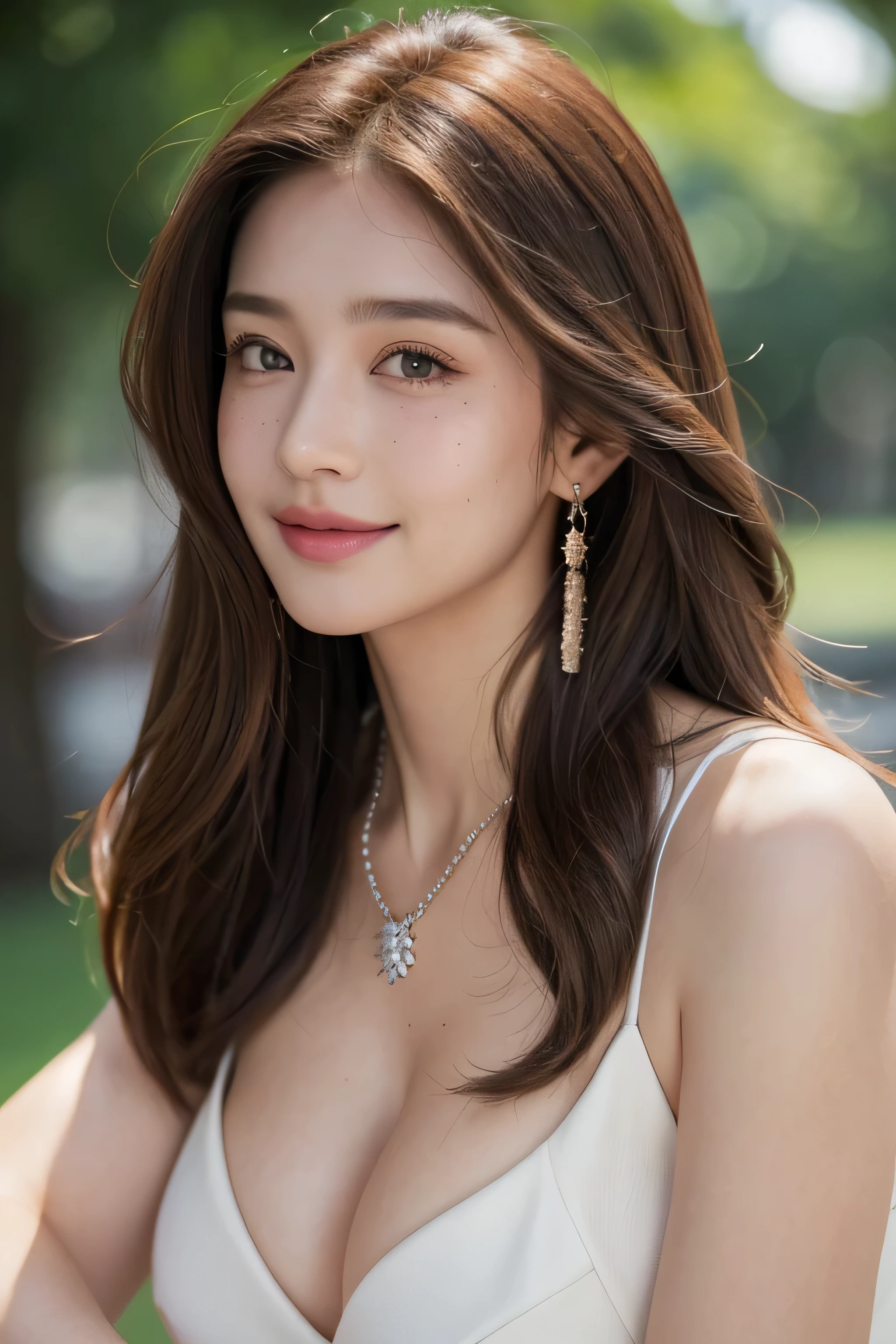 Ultra-high resolution, Better Quality, photo shoot, 4K, (Realistic:1.4) Freckle portrait photography , Big Breasts、Super long brown hair, Brown eyes,A shy smile,Gorgeous Necklace＿Big earrings,Women's Suits