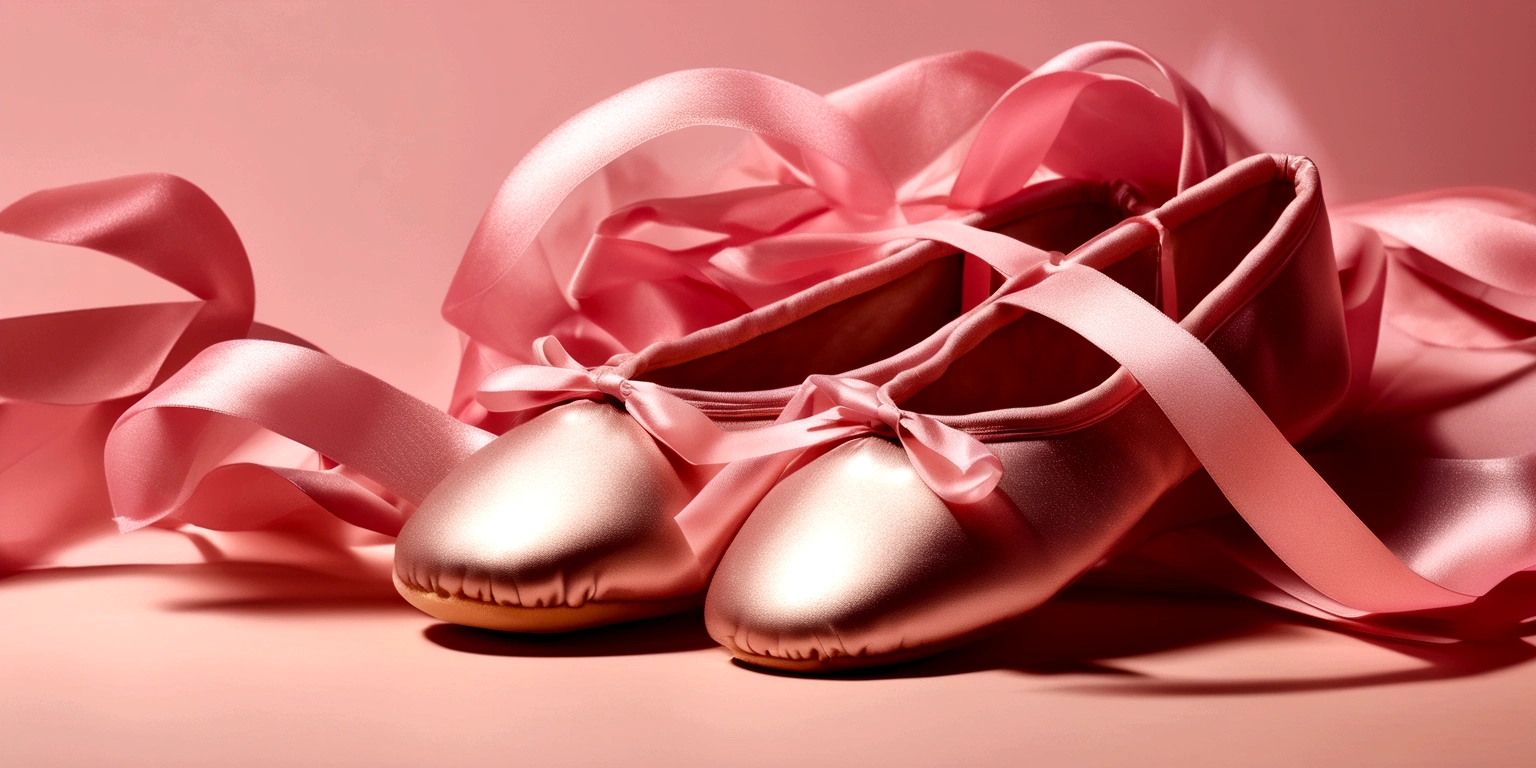Banner graph；poster；There is a pair of ballet shoes in the center of the picture，Wrapped in a pink ribbon；dream，mystery；Big scene；Golden pink hue。Low saturation；Background pure，Simplicity。