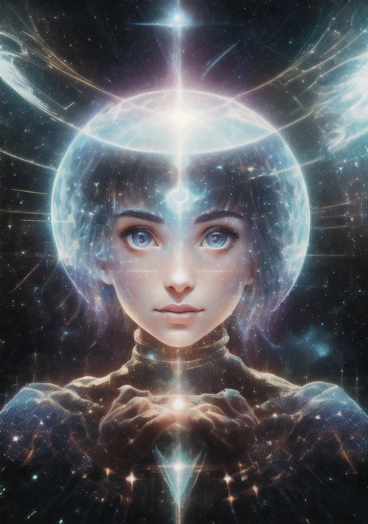 The girl holds in front of her face in her hands the galactic space, portrait photo, lots of details, high quality, she is an astrologer, transparent body