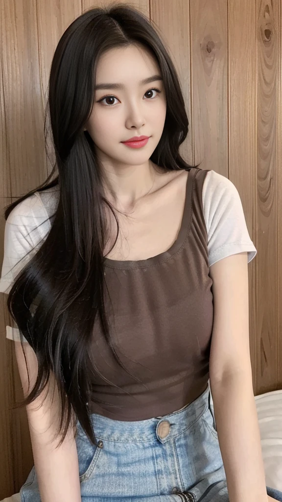 ((best quality, 8K, masterpiece, Clear focus )), 18 years old young Korean girl, ((Dark brown long hair, Huge breasts,Large, round chest :1.3)), Slim abdominal muscles :1.5,((Round neck low cut tight short T-shirt :1.6) ), (Wooden wall background :1.2), Highly detailed face and skin textures, Delicate eyes, Double eyelids, Toothy smile,sweet,cute,collagen,cosmetic,Focus on the chest
