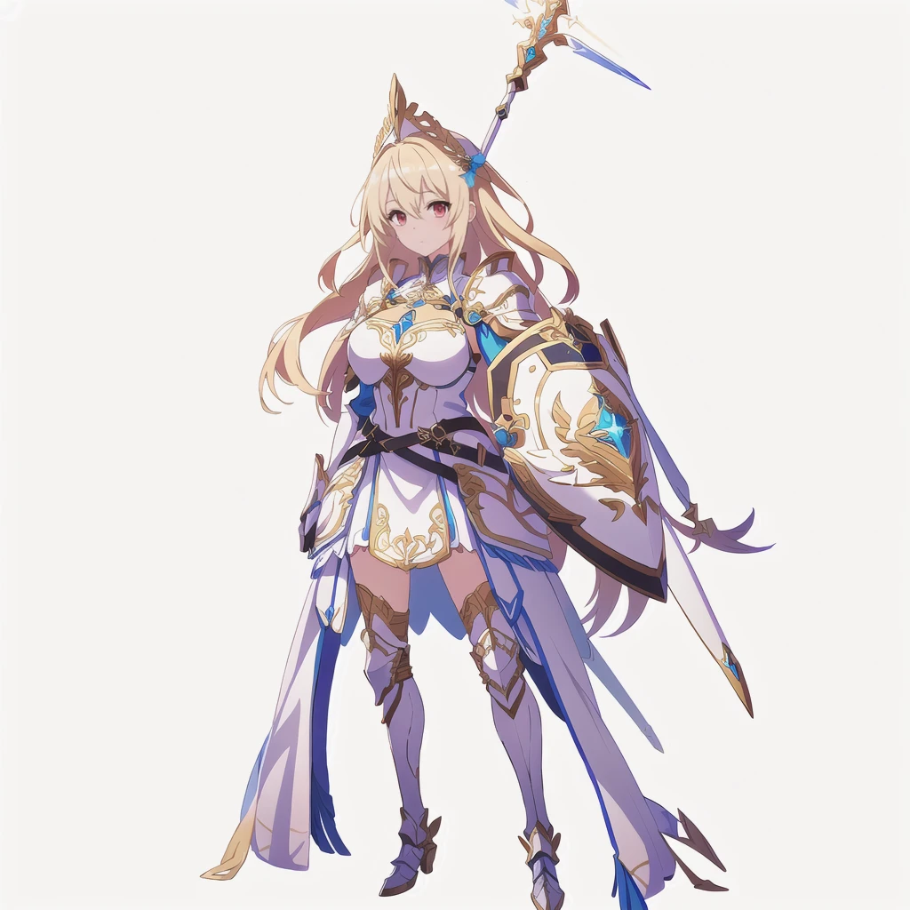 Highest quality, high resolution, High quality game art style, Official Art, whole body, Smooth anime CG art,　Cute 3D anime girl render, Visual Novel Sprites, White background,Smooth anime CG art, humanoid woman, JRPG Characters, A woman in a white dress and blue armor holding a spear, Anime Goddess,Opal Armor, White feathered helmet,An intricately designed shield, Exquisite white and gold armor,Golden Hair Anime Girl, Red eyes, long hair, Rin々Shii,Large Bust,17 years old,Valkyrie,