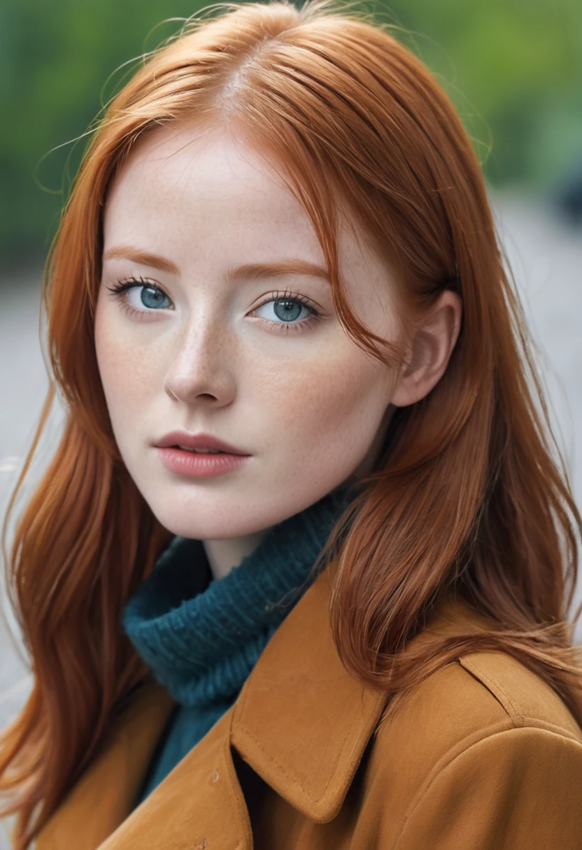 a close up of a woman with red hair and a brown jacket, red hair and attractive features, flowing ginger hair, ginger hair, ginger hair with freckles, copper hair, redhead woman, a redheaded young woman, red head, yelena belova, she has long redorange hair, long glowing red hair, redhead girl, anna nikonova aka newmilky