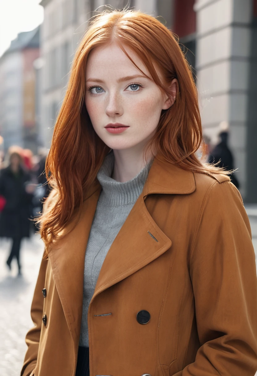 a close up of a woman with red hair and a brown jacket, red hair and attractive features, flowing ginger hair, ginger hair, ginger hair with freckles, copper hair, redhead woman, a redheaded young woman, red head, yelena belova, she has long redorange hair, long glowing red hair, redhead girl, anna nikonova aka newmilky
