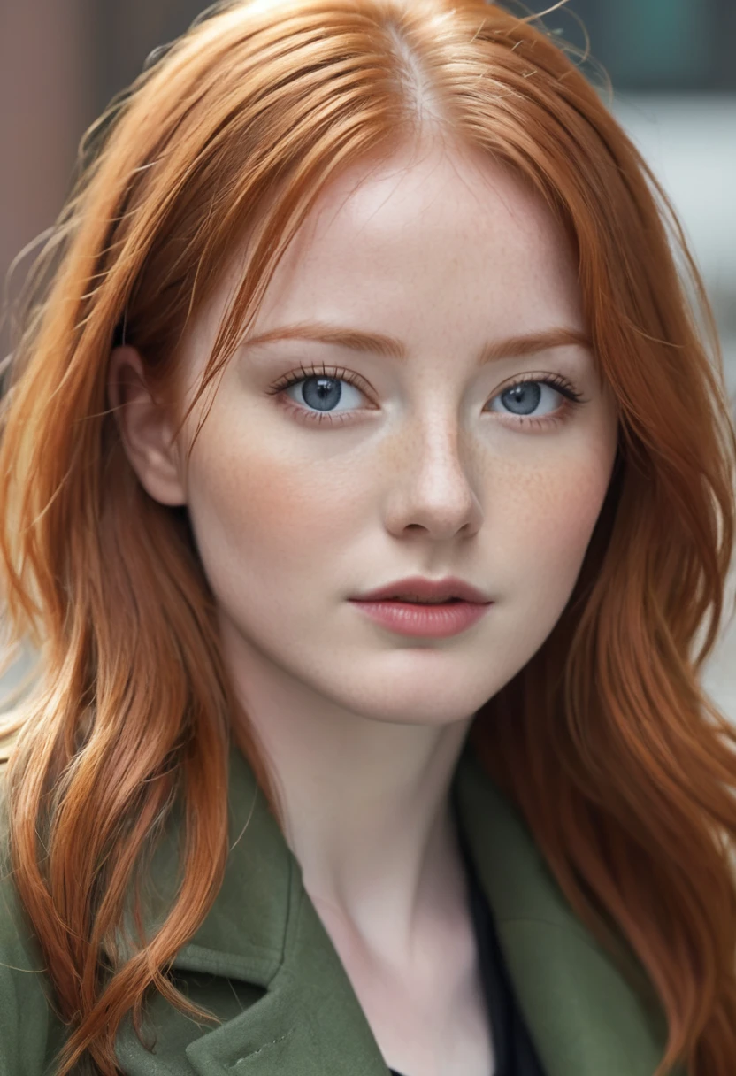 a close up of a woman with red hair and a brown jacket, red hair and attractive features, flowing ginger hair, ginger hair, ginger hair with freckles, copper hair, redhead woman, a redheaded young woman, red head, yelena belova, she has long redorange hair, long glowing red hair, redhead girl, anna nikonova aka newmilky