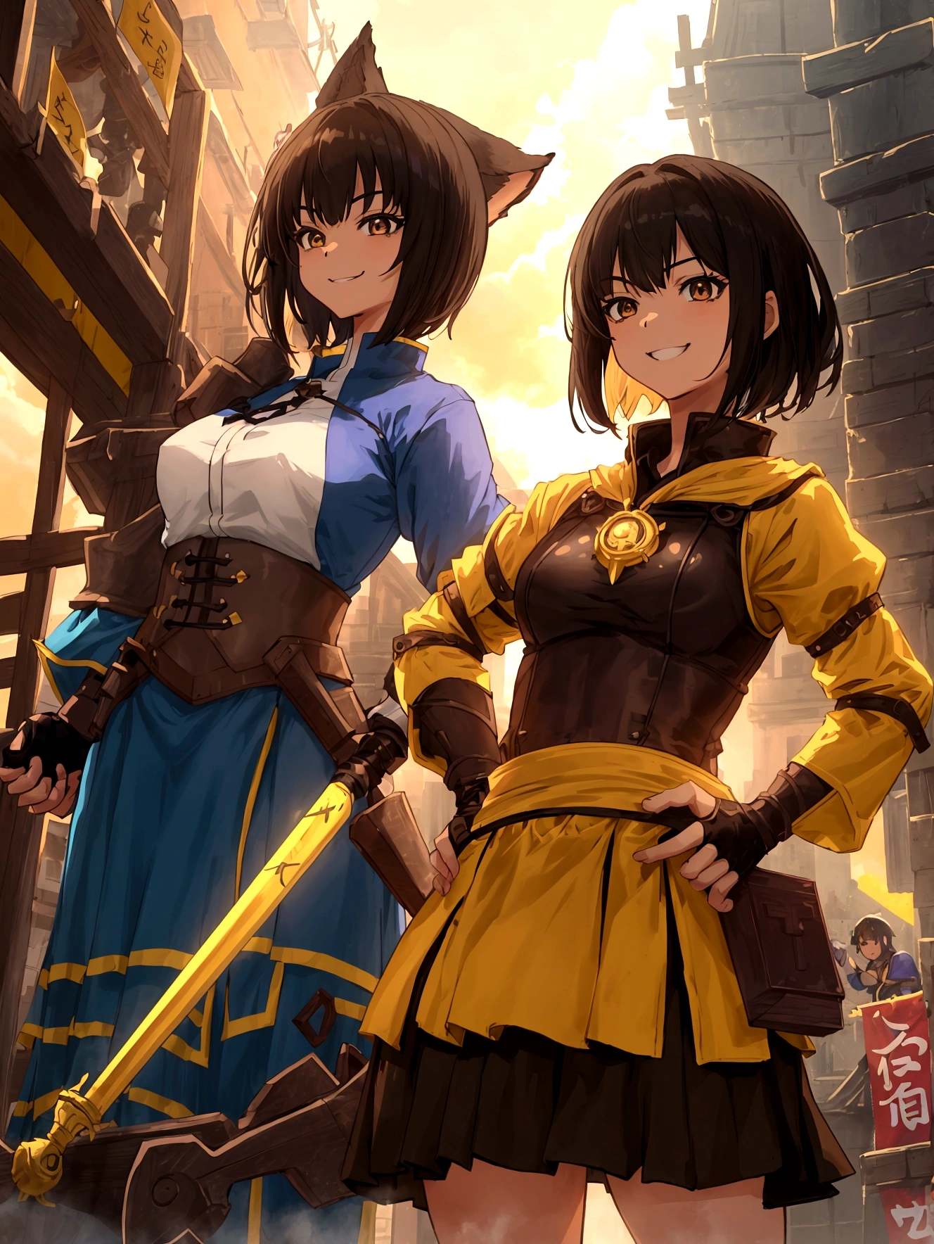 roleplaying game、Hunter、Adventurer、Anime Style、、short、Cheerful girl、Brown skin、RPG Games、Yellow long skirt-type equipment、、Very small breasts、Armament、Black Hair、short hair、Naughty、Mischievous、Smiling with teeth showing、Hands on hips、Hall々Stand with、Village Background、Bustling market