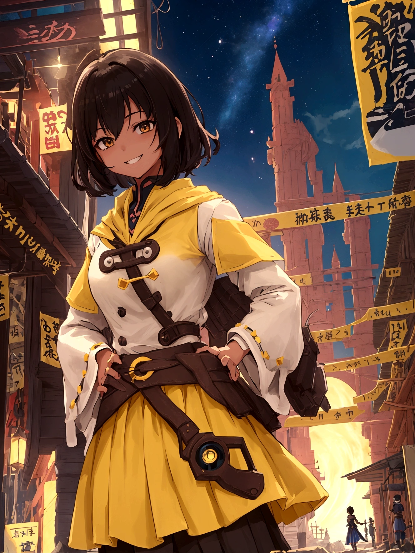 roleplaying game、Hunter、Adventurer、Anime Style、、short、Cheerful girl、Brown skin、RPG Games、Yellow long skirt-type equipment、、Very small breasts、Armament、Black Hair、short hair、Naughty、Mischievous、Smiling with teeth showing、Hands on hips、Hall々Stand with、Village Background、Bustling market