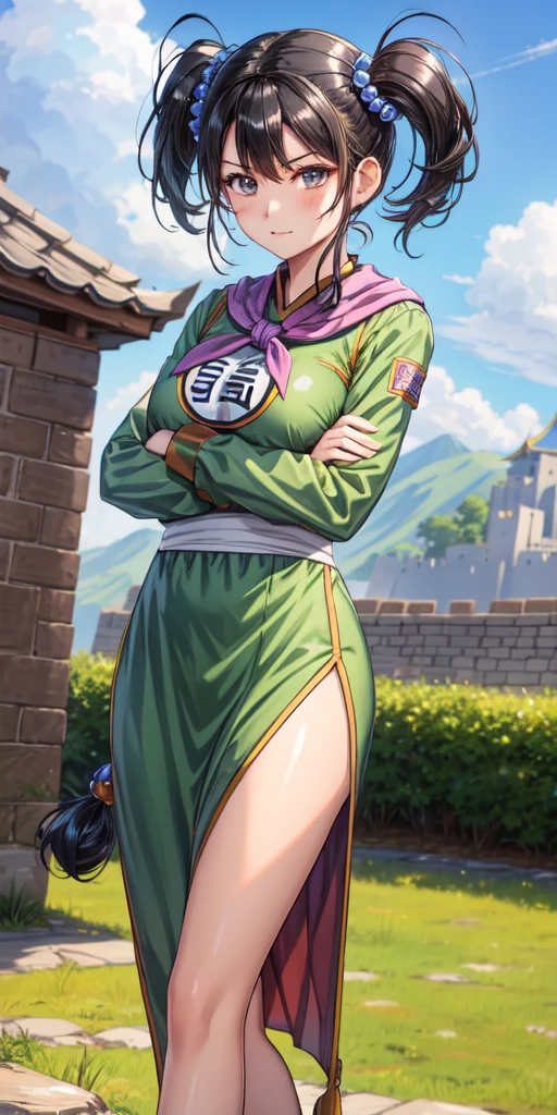 masterpiece, best quality, 4k, 8k, fighter (dq3), 1girl, solo, long hair, twintails, looking at viewer, black hair, hair ornament, long sleeves, dress, medium breasts, closed mouth, cowboy shot, black eyes, chinese clothes, hair bobbles, clenched hand, crossed arms, Feet Apart, Ancient Castle