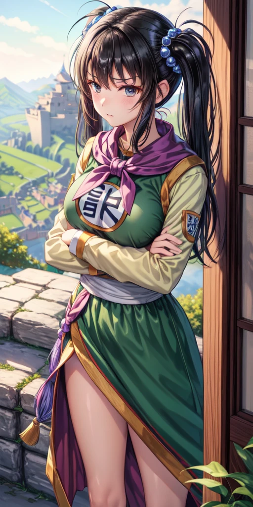 masterpiece, best quality, 4k, 8k, fighter (dq3), 1girl, solo, long hair, twintails, looking at viewer, black hair, hair ornament, long sleeves, dress, medium breasts, closed mouth, cowboy shot, black eyes, chinese clothes, hair bobbles, clenched hand, crossed arms, Feet Apart, Ancient Castle