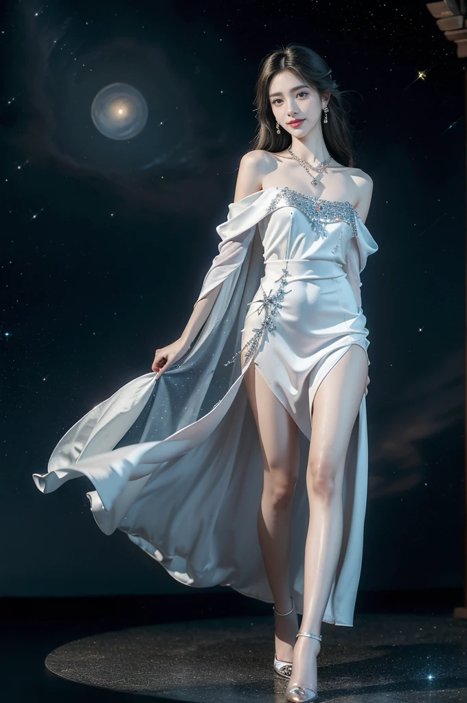 (((best quality))),(((ultra detailed))),(((masterpiece))),illustration,((A beautiful female astrologer,solo)),((slim,thin)),((small breasts,flat chest)),((shoulder length straight hair)),(earrings,necklace),(sparkled shirt dress:1.3),standing beneath a magical summer night, stars twinkling in the velvety darkness,starry sky, sapphire eyes filled with wonder, flowing ethereal gown mimicking the stars, silver pendant shaped like a horoscope,serene smile and captivating gaze, celestial beauty and mystery, solace and inspiration in the vast expanse of the universe
