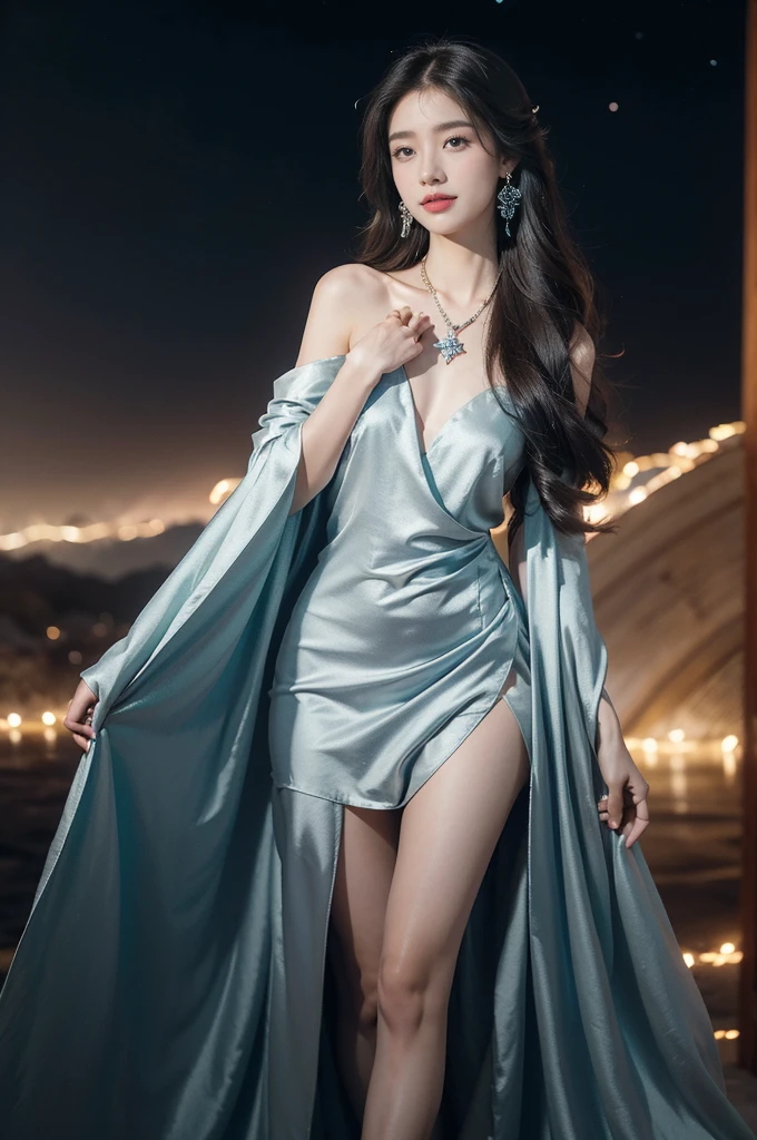 (((best quality))),(((ultra detailed))),(((masterpiece))),illustration,((A beautiful female astrologer,solo)),((slim,thin)),((small breasts,flat chest)),((shoulder length straight hair)),(earrings,necklace),(sparkled shirt dress:1.3),standing beneath a magical summer night, stars twinkling in the velvety darkness,starry sky, sapphire eyes filled with wonder, flowing ethereal gown mimicking the stars, silver pendant shaped like a horoscope,serene smile and captivating gaze, celestial beauty and mystery, solace and inspiration in the vast expanse of the universe