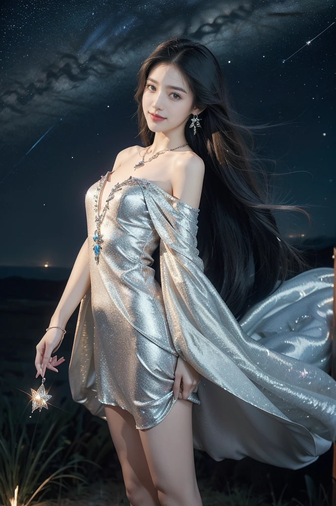 (((best quality))),(((ultra detailed))),(((masterpiece))),illustration,((A beautiful female astrologer,solo)),((slim,thin)),((small breasts,flat chest)),((shoulder length straight hair)),(earrings,necklace),(sparkled shirt dress:1.3),standing beneath a magical summer night, stars twinkling in the velvety darkness,starry sky, sapphire eyes filled with wonder, flowing ethereal gown mimicking the stars, silver pendant shaped like a horoscope,serene smile and captivating gaze, celestial beauty and mystery, solace and inspiration in the vast expanse of the universe