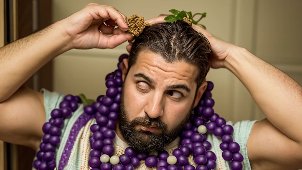 Create an image of a photorealistic  anthropomorphic purple grapes with a small piece of stem coming from the top of his head, his hands are cupped and he has a frightened look on his face. He is standing directly in front of a box of Post Grape Nuts Cereal. There are some beads of sweat on the grape's forehead.