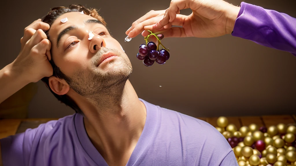 Create an image of a photorealistic  anthropomorphic purple grapes with a small piece of stem coming from the top of his head, his hands are cupped and he has a frightened look on his face. He is standing directly in front of a box of Post Grape Nuts Cereal. There are some beads of sweat on the grape's forehead.