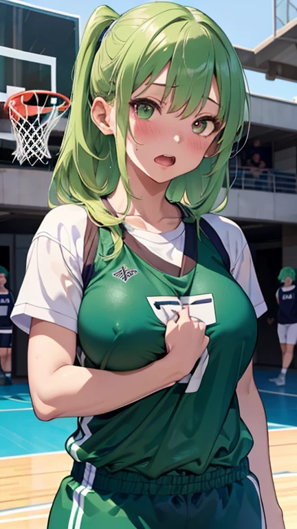mastute piece,Best Quality,insanely detailed,8k cg,nsfw,
(shoot upper body:1.3),
(1girls:1.3),standing,looking at viewr,body in front,both arms behind back,(basketball uniform:1.3),(bare breasts:1.1),(bare nipples:1.1),
break,
blush,shy,(ecstasy face),(trembling:1.2),break,(light green hair:1.2),
break,
perfect breasts,perfect teats,(open mouth:0.9),(large breasts:1.2),
(basketball court)、